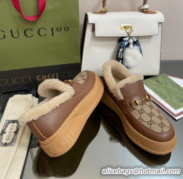 Classic Specials Gucci GG Canvas and Leather Loafers with Shearling Lining Camel/Brown 101033