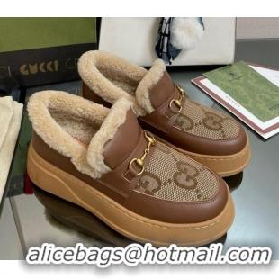 Good Product Gucci Maxi-GG Canvas and Leather Loafers with Shearling Lining Brown 101034