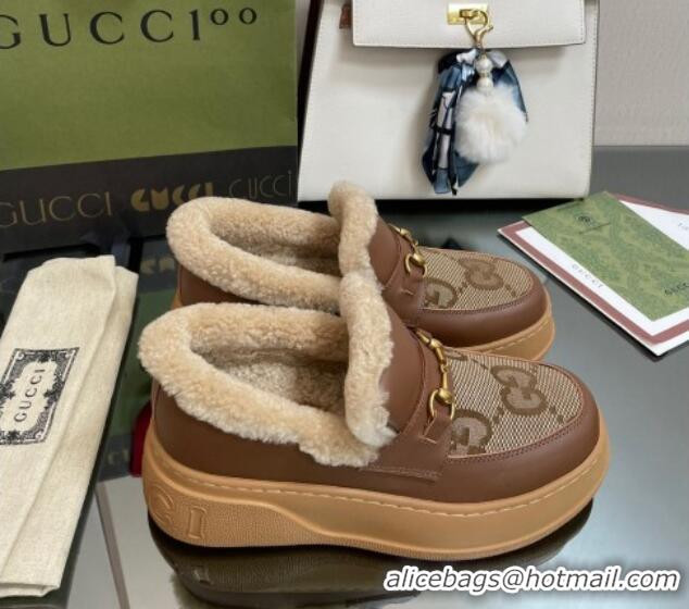 Good Product Gucci Maxi-GG Canvas and Leather Loafers with Shearling Lining Brown 101034