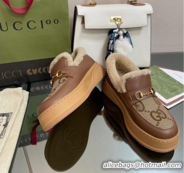 Good Product Gucci Maxi-GG Canvas and Leather Loafers with Shearling Lining Brown 101034