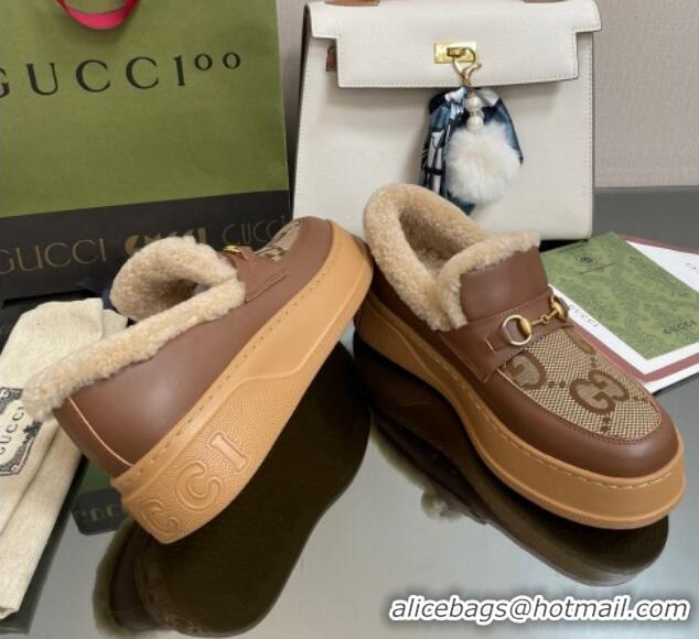 Good Product Gucci Maxi-GG Canvas and Leather Loafers with Shearling Lining Brown 101034