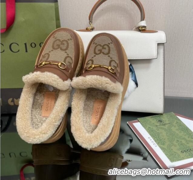 Good Product Gucci Maxi-GG Canvas and Leather Loafers with Shearling Lining Brown 101034