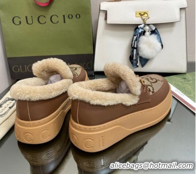 Good Product Gucci Maxi-GG Canvas and Leather Loafers with Shearling Lining Brown 101034