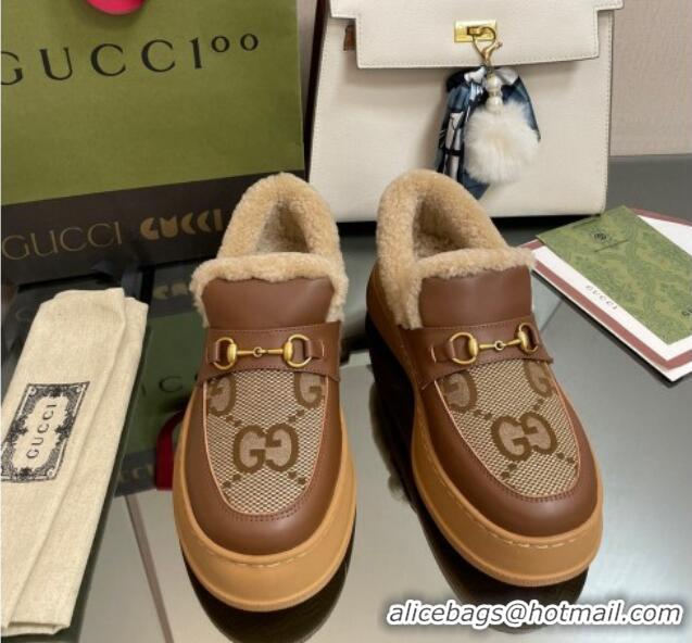 Good Product Gucci Maxi-GG Canvas and Leather Loafers with Shearling Lining Brown 101034