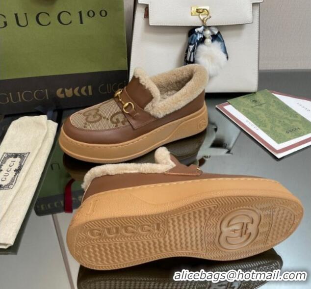 Good Product Gucci Maxi-GG Canvas and Leather Loafers with Shearling Lining Brown 101034