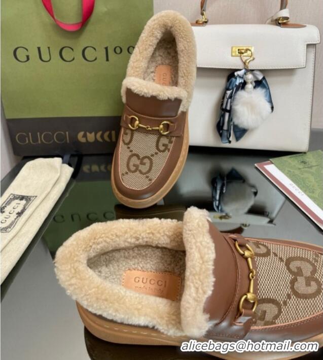 Good Product Gucci Maxi-GG Canvas and Leather Loafers with Shearling Lining Brown 101034