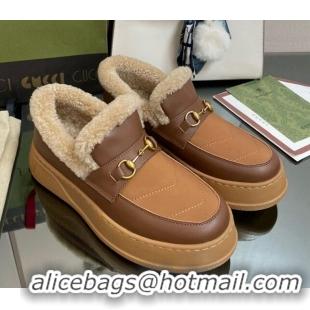 Stylish Gucci Fabric and Leather Loafers with Shearling Lining Brown 101035