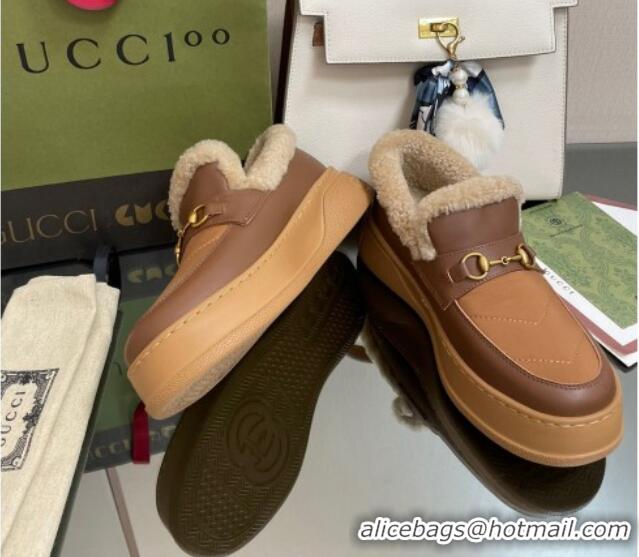 Stylish Gucci Fabric and Leather Loafers with Shearling Lining Brown 101035