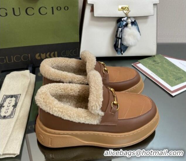 Stylish Gucci Fabric and Leather Loafers with Shearling Lining Brown 101035