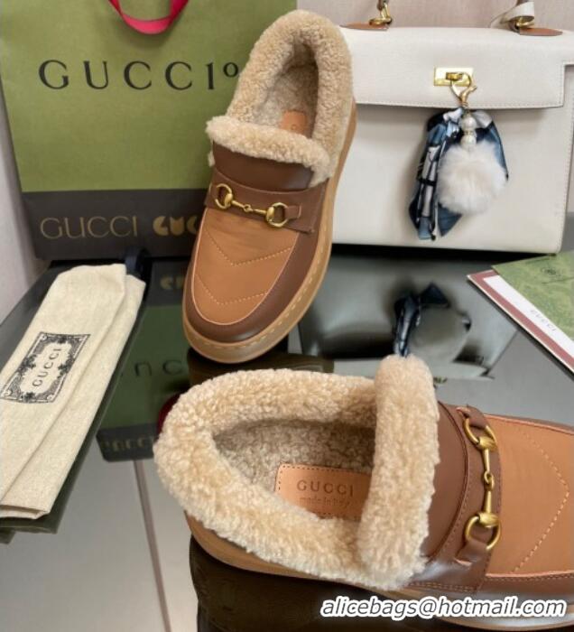 Stylish Gucci Fabric and Leather Loafers with Shearling Lining Brown 101035