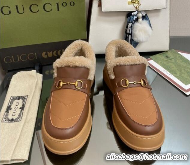 Stylish Gucci Fabric and Leather Loafers with Shearling Lining Brown 101035