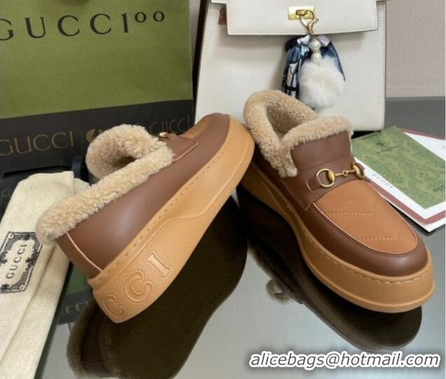 Stylish Gucci Fabric and Leather Loafers with Shearling Lining Brown 101035