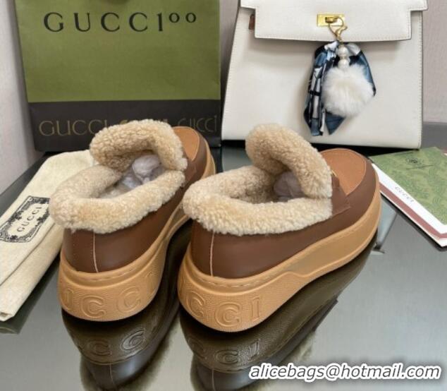 Stylish Gucci Fabric and Leather Loafers with Shearling Lining Brown 101035