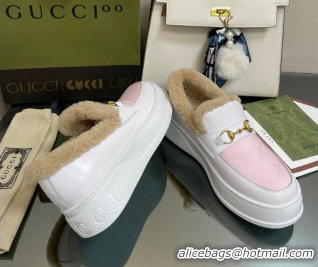 Popular Style Gucci Fabric and Leather Loafers with Shearling Lining Pink 101036