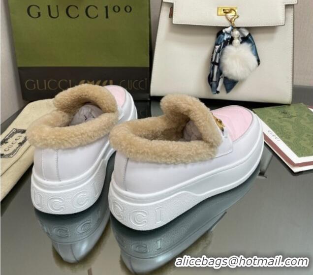 Popular Style Gucci Fabric and Leather Loafers with Shearling Lining Pink 101036