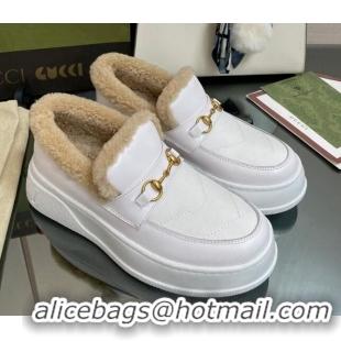 Classic Gucci Fabric and Leather Loafers with Shearling Lining White 101038