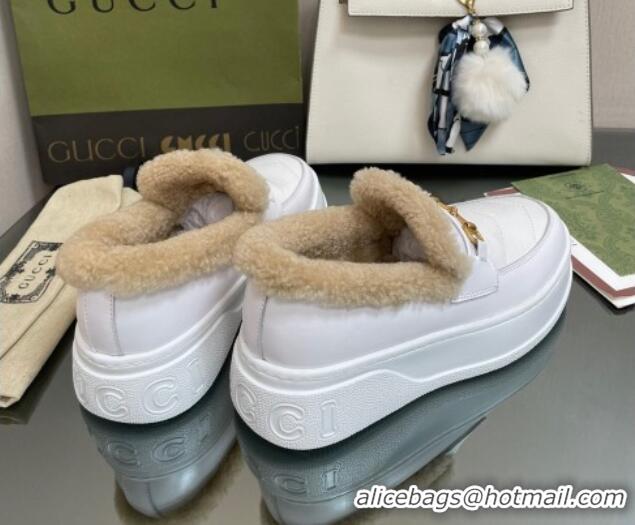 Classic Gucci Fabric and Leather Loafers with Shearling Lining White 101038