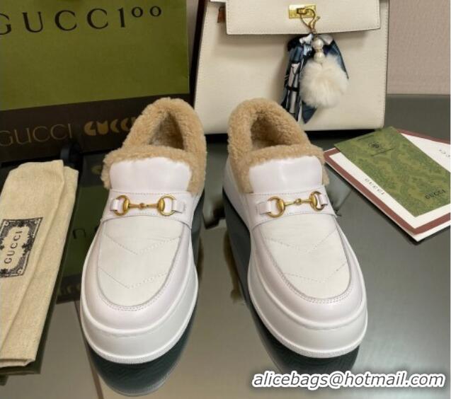 Classic Gucci Fabric and Leather Loafers with Shearling Lining White 101038