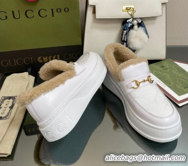 Classic Gucci Fabric and Leather Loafers with Shearling Lining White 101038