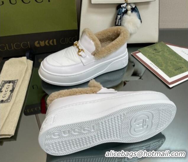 Classic Gucci Fabric and Leather Loafers with Shearling Lining White 101038