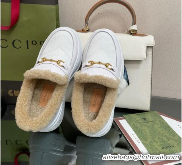 Classic Gucci Fabric and Leather Loafers with Shearling Lining White 101038