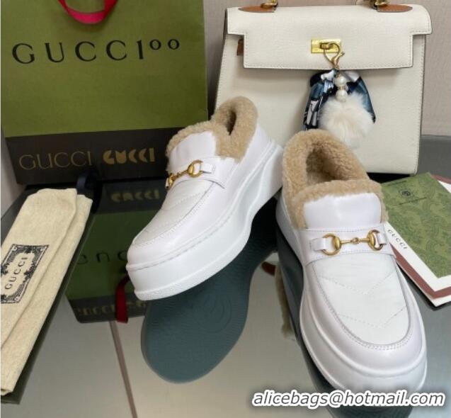 Classic Gucci Fabric and Leather Loafers with Shearling Lining White 101038