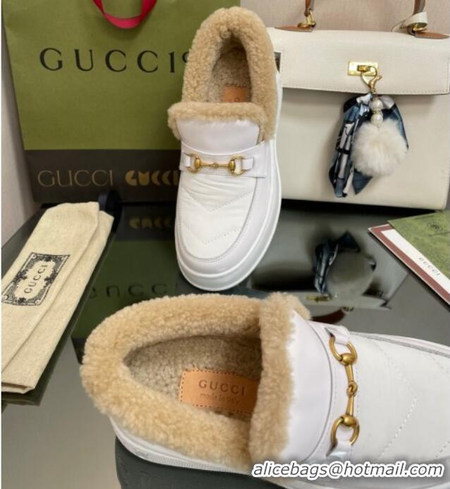 Classic Gucci Fabric and Leather Loafers with Shearling Lining White 101038