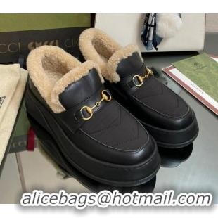 Fashion Gucci Fabric and Leather Loafers with Shearling Lining Black 101039 