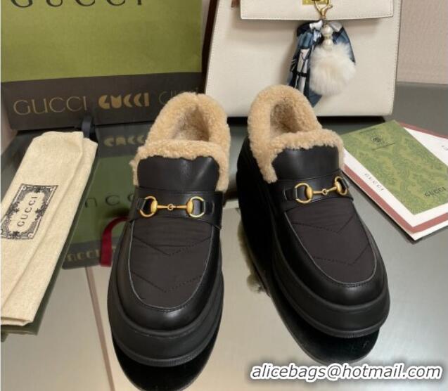 Fashion Gucci Fabric and Leather Loafers with Shearling Lining Black 101039 