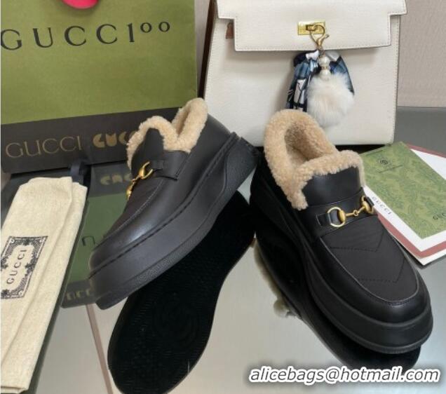 Fashion Gucci Fabric and Leather Loafers with Shearling Lining Black 101039 