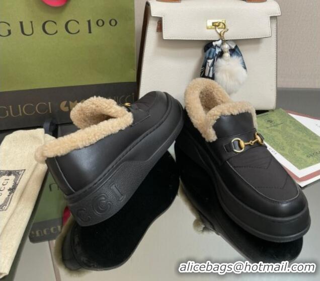 Fashion Gucci Fabric and Leather Loafers with Shearling Lining Black 101039 