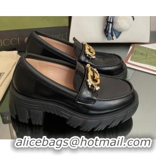 Luxury Gucci Lug Sole Leather Loafers with Interlocking G Black 101040