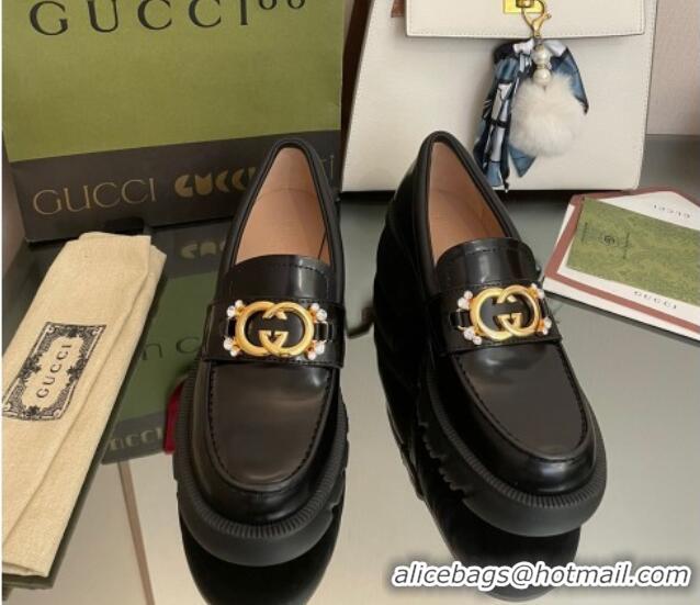 Luxury Gucci Lug Sole Leather Loafers with Interlocking G Black 101040