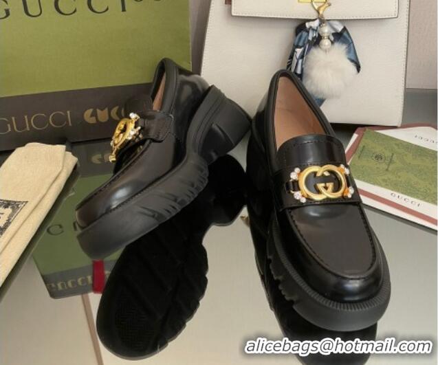 Luxury Gucci Lug Sole Leather Loafers with Interlocking G Black 101040