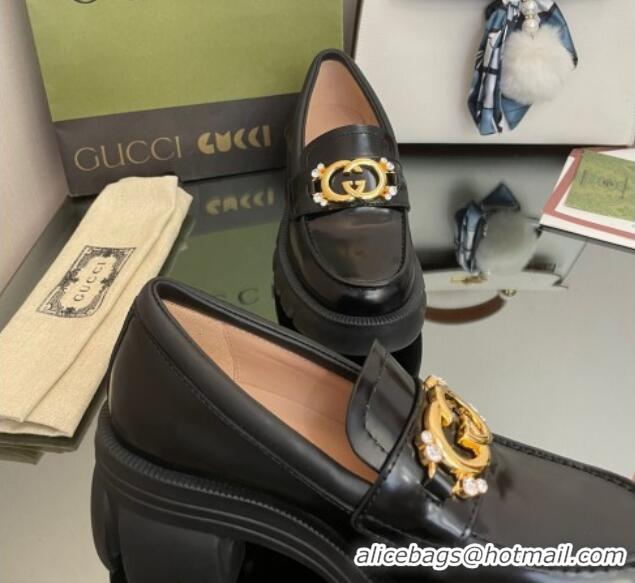 Luxury Gucci Lug Sole Leather Loafers with Interlocking G Black 101040