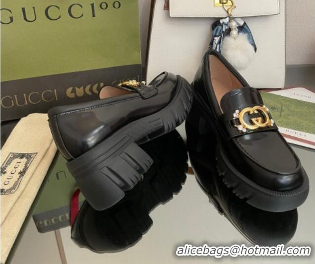 Luxury Gucci Lug Sole Leather Loafers with Interlocking G Black 101040