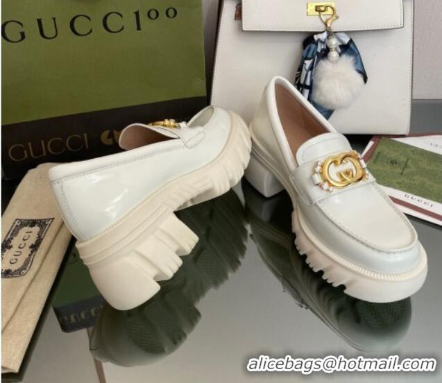 Cheap Price Gucci Lug Sole Leather Loafers with Interlocking G White 101041