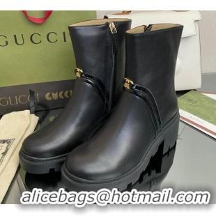 Stylish Gucci Calfskin Ankle Boots 6.5cm with Interlocking Black/Gold 101422