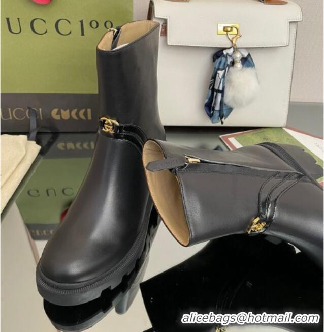 Stylish Gucci Calfskin Ankle Boots 6.5cm with Interlocking Black/Gold 101422