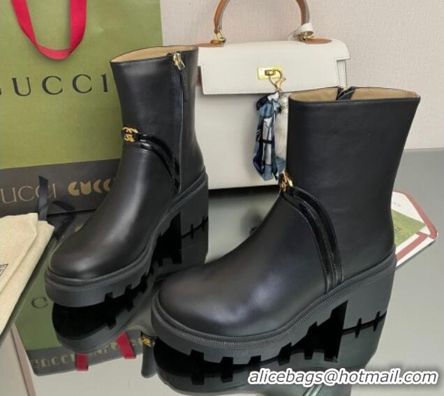 Stylish Gucci Calfskin Ankle Boots 6.5cm with Interlocking Black/Gold 101422