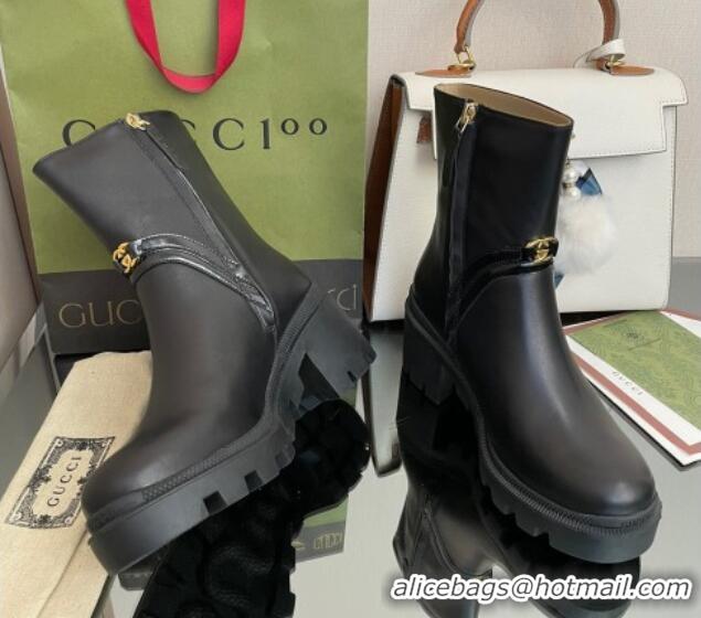 Stylish Gucci Calfskin Ankle Boots 6.5cm with Interlocking Black/Gold 101422