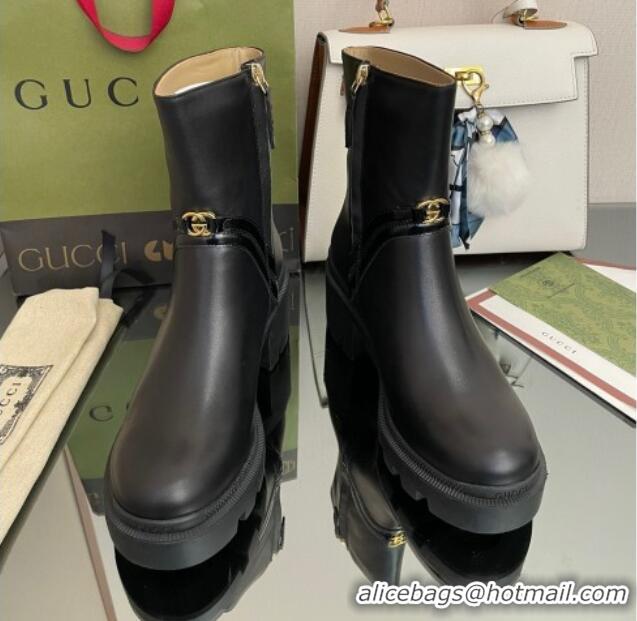 Stylish Gucci Calfskin Ankle Boots 6.5cm with Interlocking Black/Gold 101422