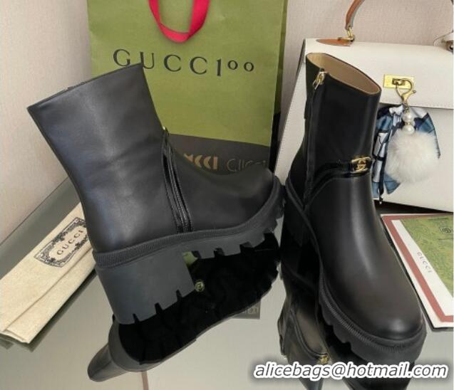 Stylish Gucci Calfskin Ankle Boots 6.5cm with Interlocking Black/Gold 101422