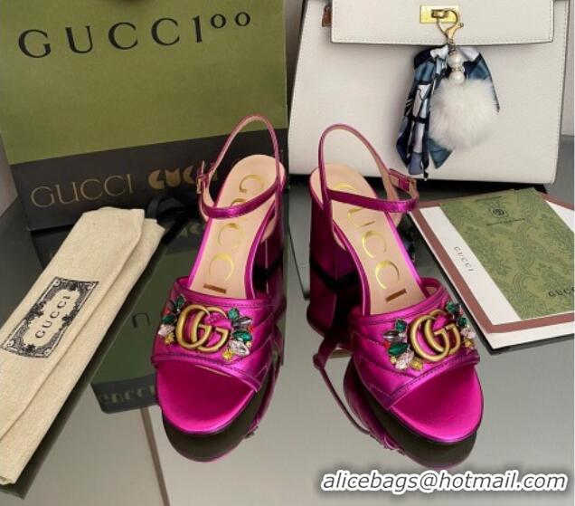 Discount Gucci Metallic Leather Mid-Heel Sandals with Crystal Charm 7.5cm Pink 101424