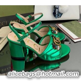 Sumptuous Gucci Metallic Leather Mid-Heel Sandals with Crystal Charm 7.5cm Green 101425