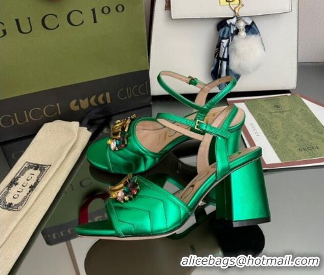 Sumptuous Gucci Metallic Leather Mid-Heel Sandals with Crystal Charm 7.5cm Green 101425