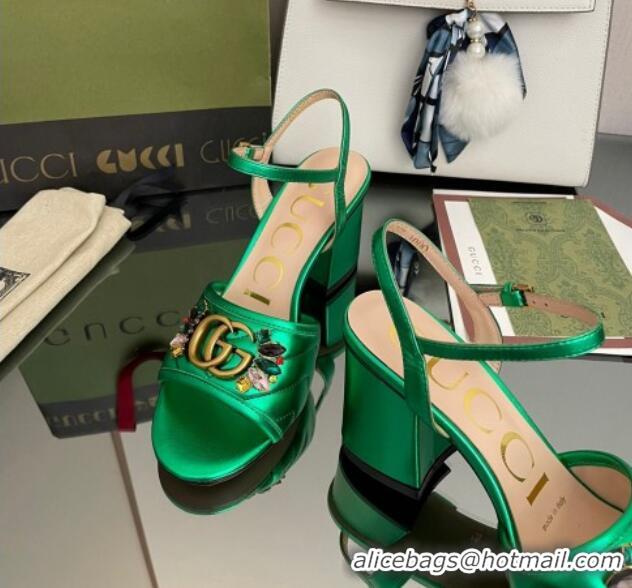 Sumptuous Gucci Metallic Leather Mid-Heel Sandals with Crystal Charm 7.5cm Green 101425