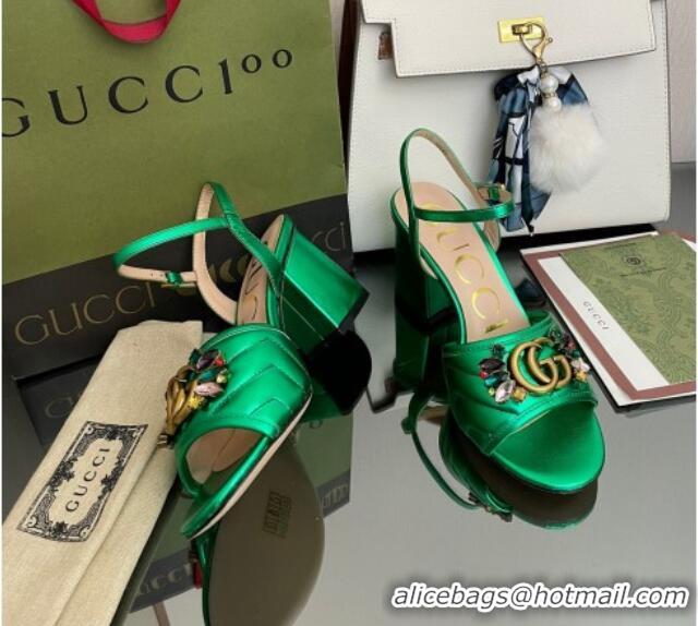 Sumptuous Gucci Metallic Leather Mid-Heel Sandals with Crystal Charm 7.5cm Green 101425