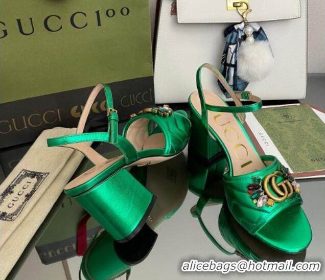 Sumptuous Gucci Metallic Leather Mid-Heel Sandals with Crystal Charm 7.5cm Green 101425