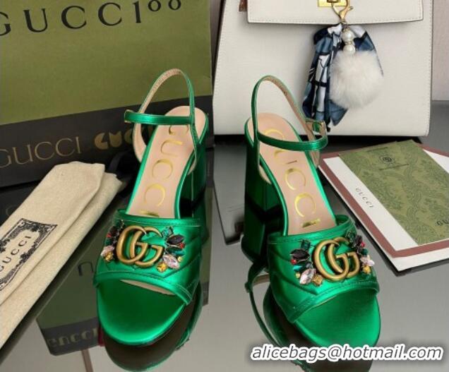 Sumptuous Gucci Metallic Leather Mid-Heel Sandals with Crystal Charm 7.5cm Green 101425